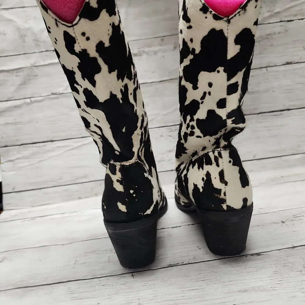 DINGO Live a Little Cow Print Calf Hair Western Boots Women's Size 8 Black/White